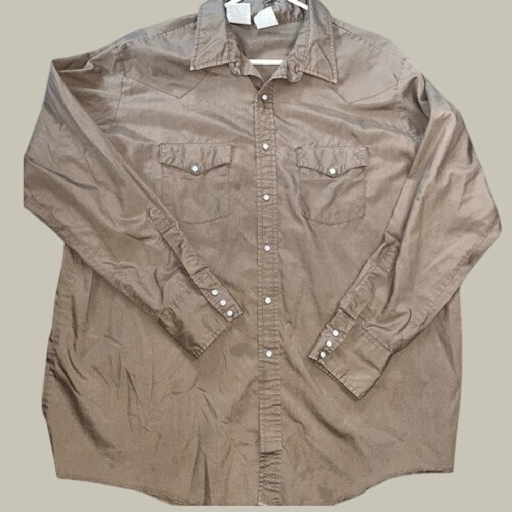 Western Frontier Shirt Mens 2X Brown Pearl Snap Long Sleeve USA Made Cowboy Work